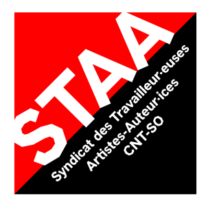 Logo du STAA, sur un fond diagonal rouge à gauche, noir à droite : 
STAA 
Syndicat des Travailleur-euses 